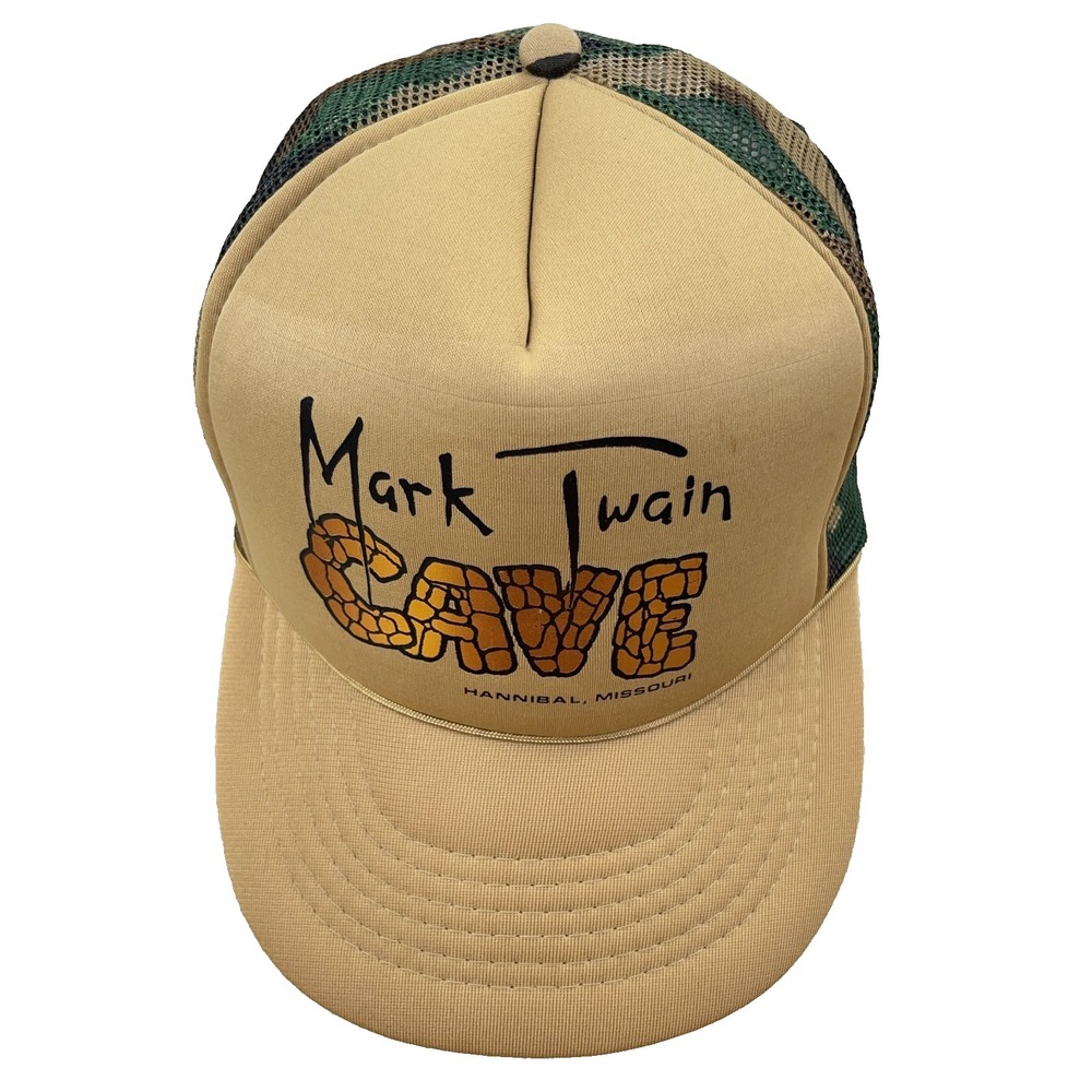 Vintage Mark Twain Cave Trucker Hat Cap SnapBack 90s Y2K Camo Brown Missouri